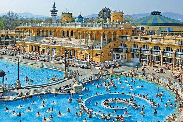 A picture of people relaxing in one of the hot pools of Szechenyi-Bath